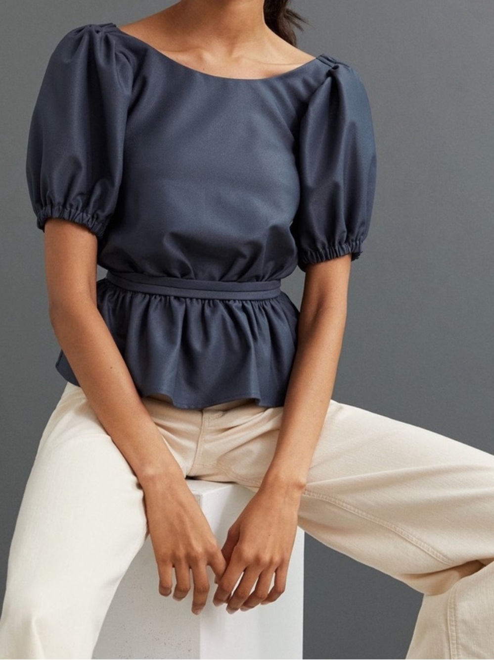 Line and Dot Anthropologie Tie Peplum Top w/ Puff Sleeves + Open Back | Size: S